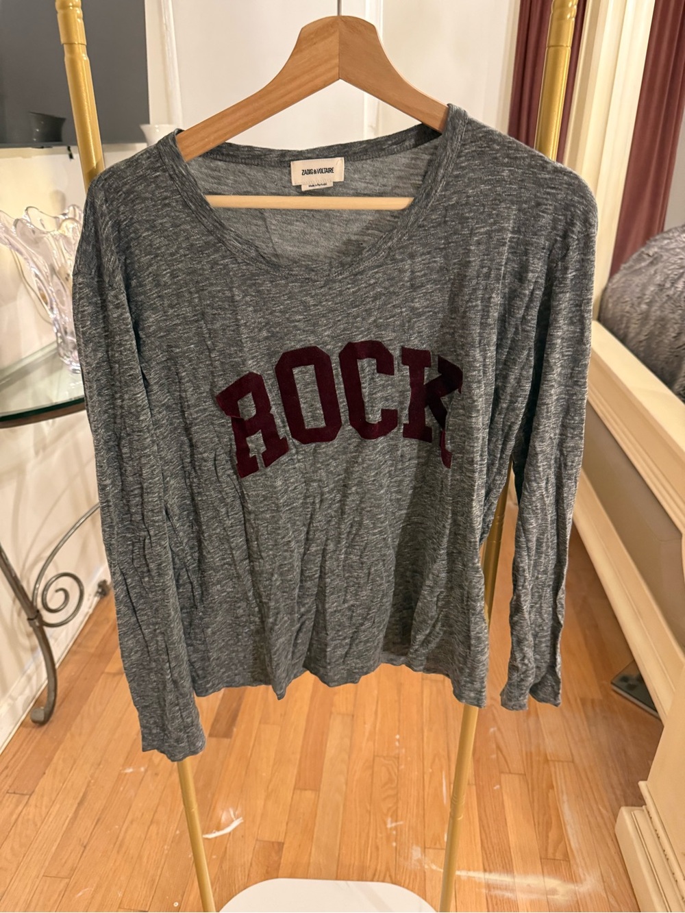 Zadig & Voltaire Heather Gray Long-Sleeve Tee with Burgundy 'ROCK' Appliqué
